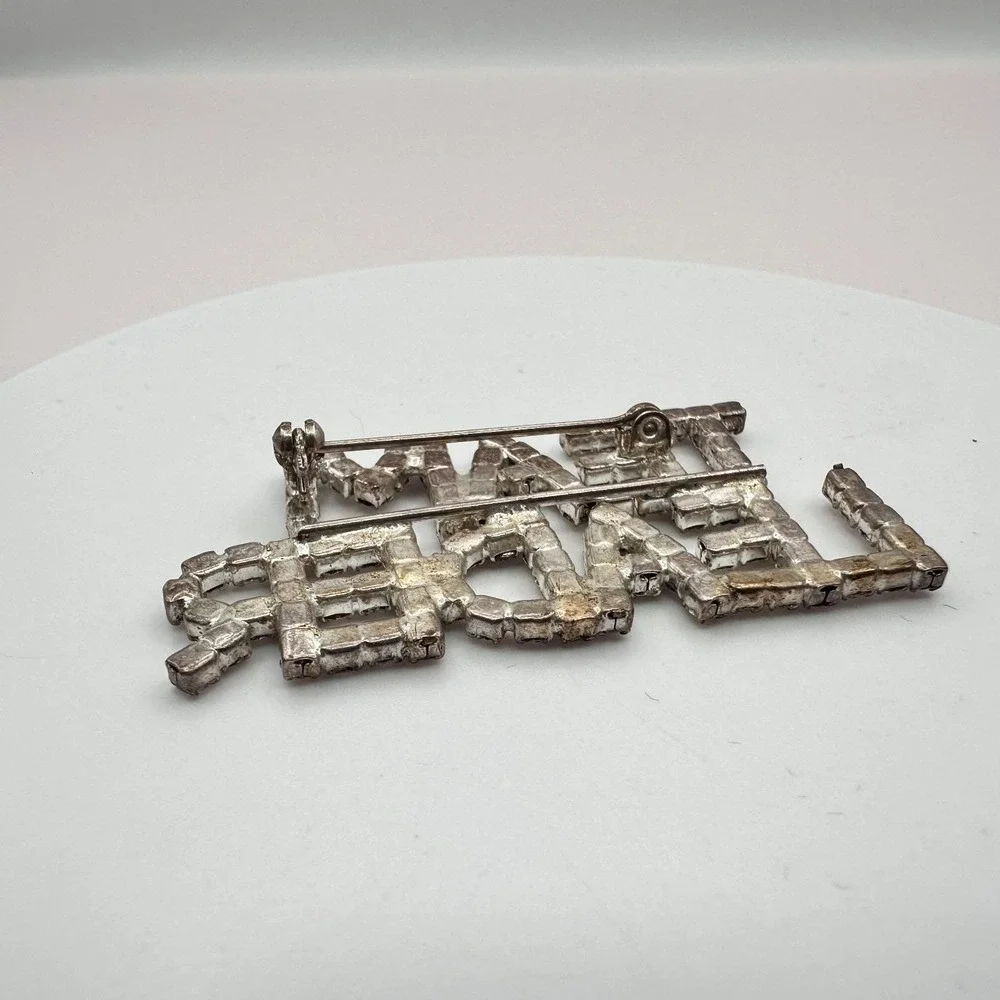 Vintage 80s Silver Tone Rhinestone‎ Team Leader Word Figural Brooch Pin Jewelry